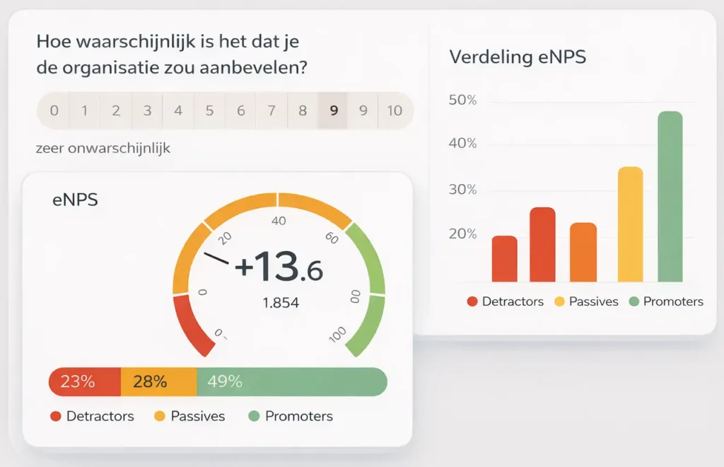 Dashboard weergave van een positieve eNPS score van +13.6, naast een staafgrafiek die de verdeling toont van medewerkers in detractors, passives en promoters.