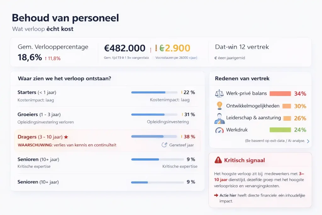 Dashboard overzicht van personeelsverloop met statistieken over verloopkosten, uitstroomredenen en risicogroepen op basis van leeftijd en dienstverband.